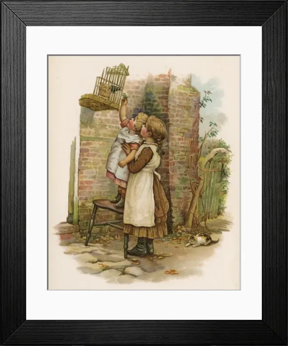 Framed Print : Girls with Bird in Cage Framed Print : Girls with Bird in Cage