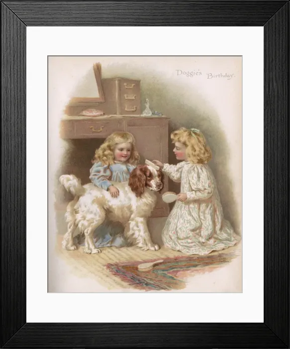 Framed Print : Two Girls Brush Dog 1896