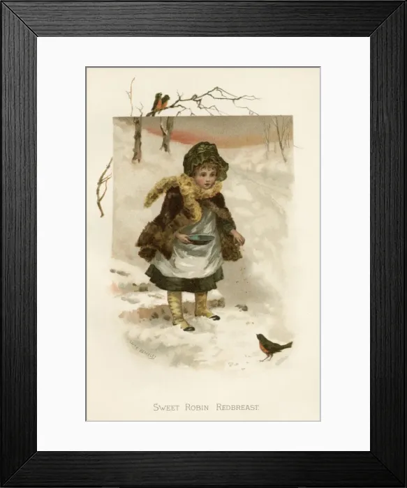 Framed Print : Girl Feeds Robin C1880 Framed Print : Girl Feeds Robin C1880