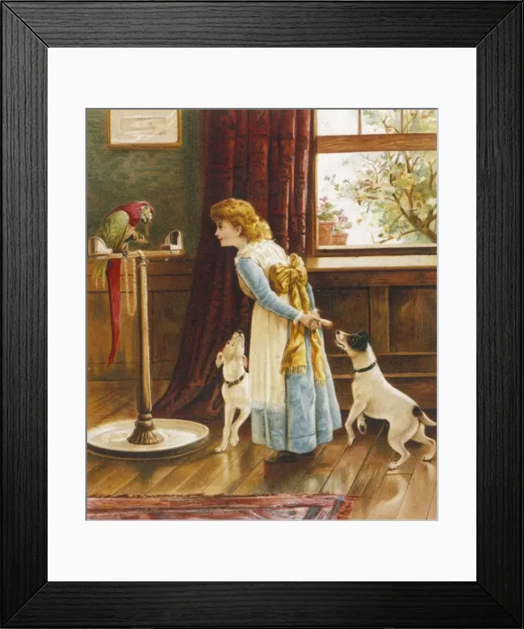 Framed Print : Girl with Parrot / Dogs Framed Print : Girl with Parrot / Dogs