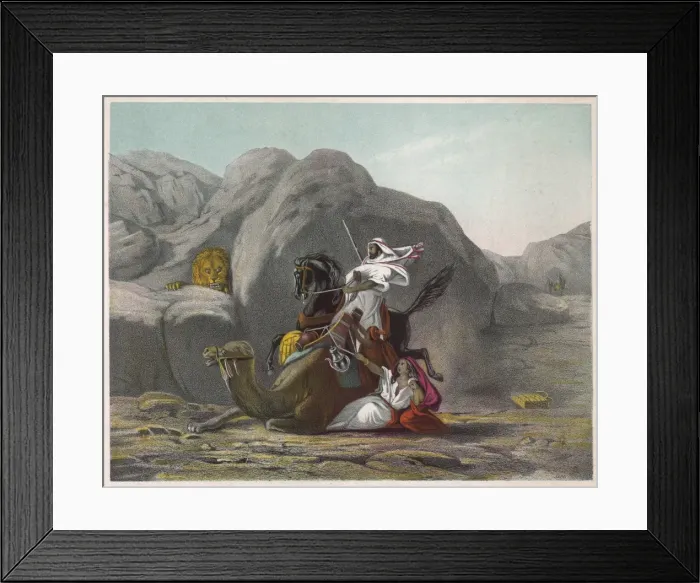 Framed Print : Arabs and Lion Framed Print : Arabs and Lion