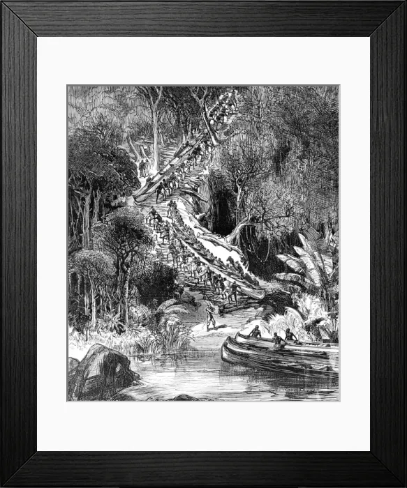 Framed Print : Sir Henry Morton Stanley and his followers hauling canoes up Framed Print : Sir Henry Morton Stanley and his followers hauling canoes up
