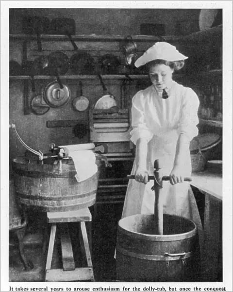 DOLLY TUB. A laundry worker using a dolly stock