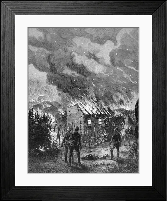 Framed Print : Sketch by ILN special artist, Melton Prior. British troops in tropical helmets survey the destruction by fire of the house of Cetshwayo, King of the Zulus, at the end of Framed Print : Sketch by ILN special artist, Melton Prior. British troops in tropical helmets survey the destruction by fire of the house of Cetshwayo, King of the Zulus, at the end of