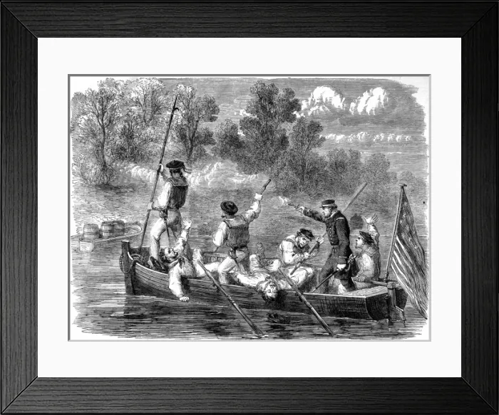 Framed Print : American Civil war. Confederates trapping a boats crew of t Framed Print : American Civil war. Confederates trapping a boats crew of t