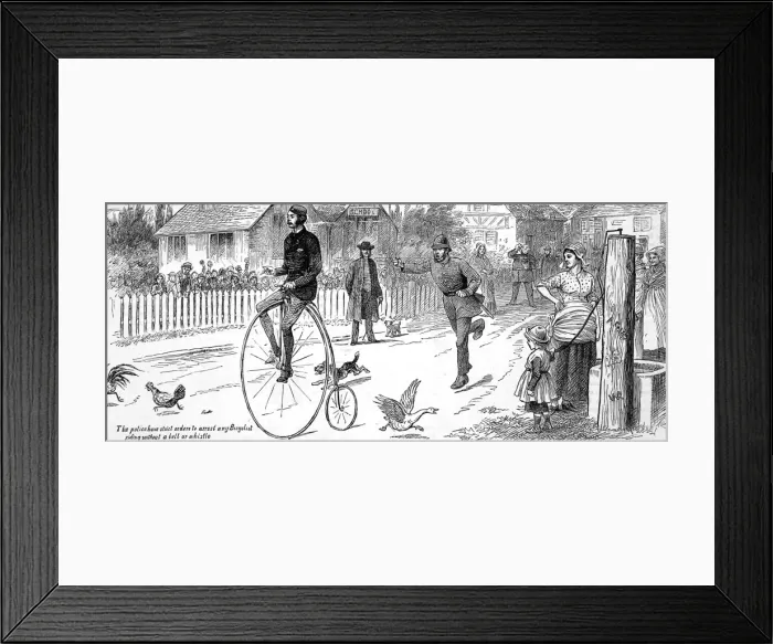 Framed Print : Policeman chasing a Penny Farthing Cyclist, 1880 Framed Print : Policeman chasing a Penny Farthing Cyclist, 1880