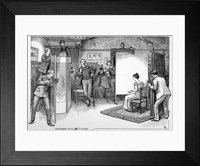 Framed Print : Scene in a photographers studio, example of portrait making