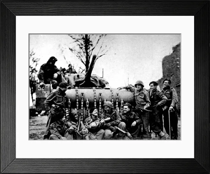 Framed Print : British and American troops singing beside a Sherman Flail T