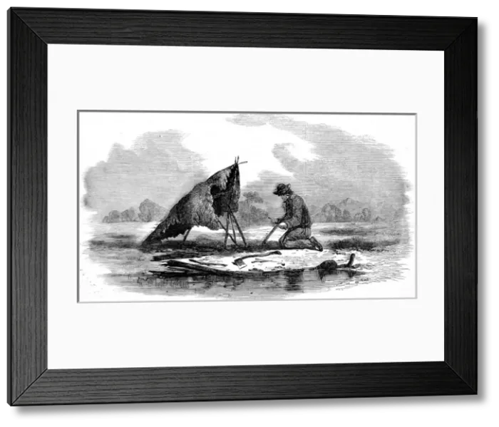 Framed Print : Canadian guide making a canoe, 1858 Framed Print : Canadian guide making a canoe, 1858