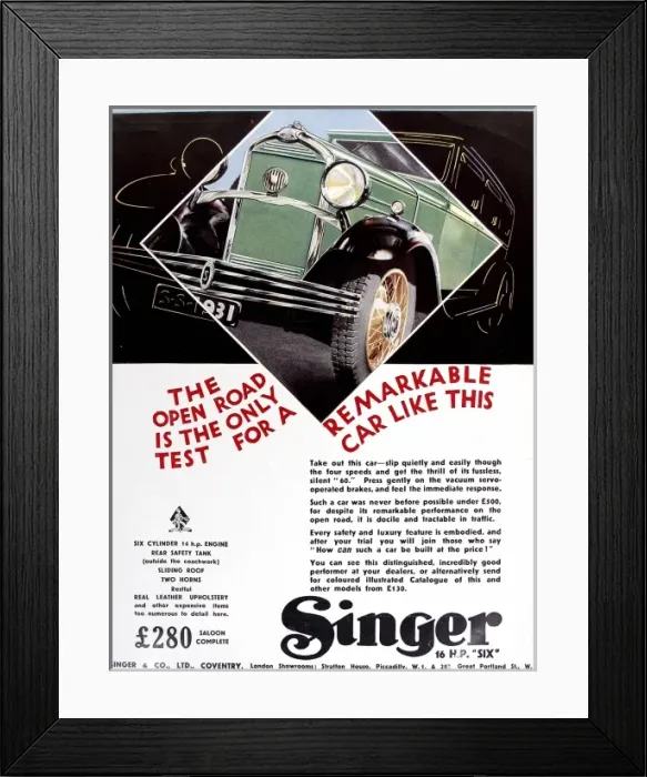 Framed Print : Singer Six Car Advertisement, 1931 Framed Print : Singer Six Car Advertisement, 1931