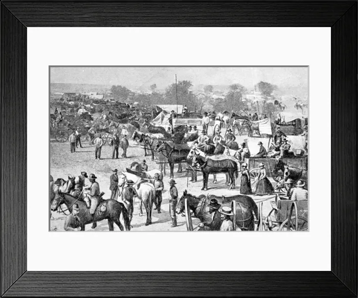 Framed Print : A Land-rush in the United States. The crowd waiting to take Framed Print : A Land-rush in the United States. The crowd waiting to take