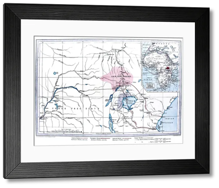 Framed Print : Map of Central Africa showing the likely routes of the Emin Framed Print : Map of Central Africa showing the likely routes of the Emin