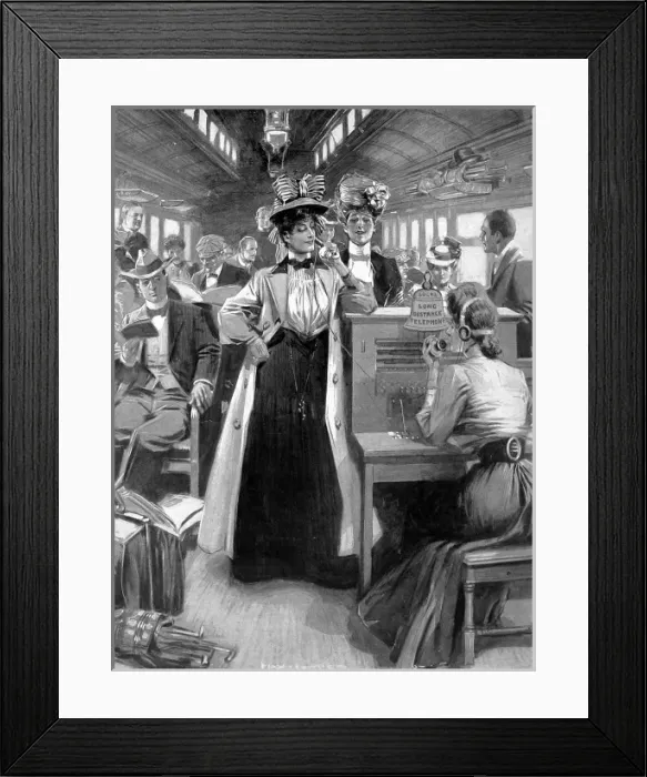 Framed Print : Travelling telephone in use on a express train Framed Print : Travelling telephone in use on a express train