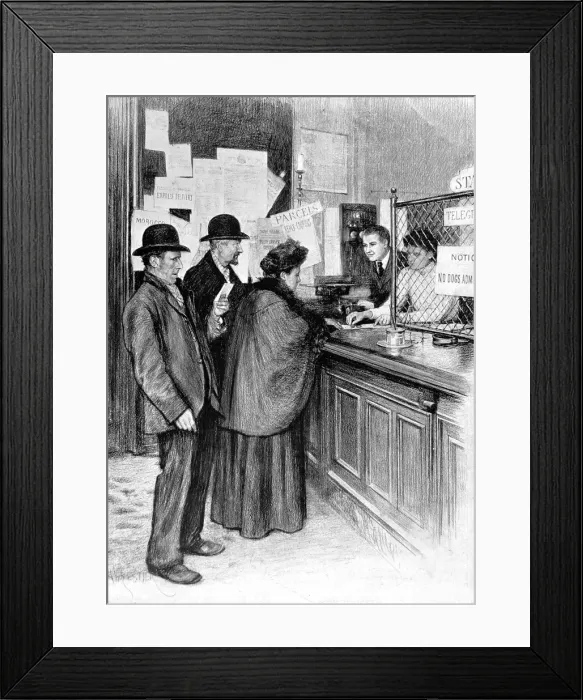 Framed Print : Collecting the first pension cheque at the post office Framed Print : Collecting the first pension cheque at the post office