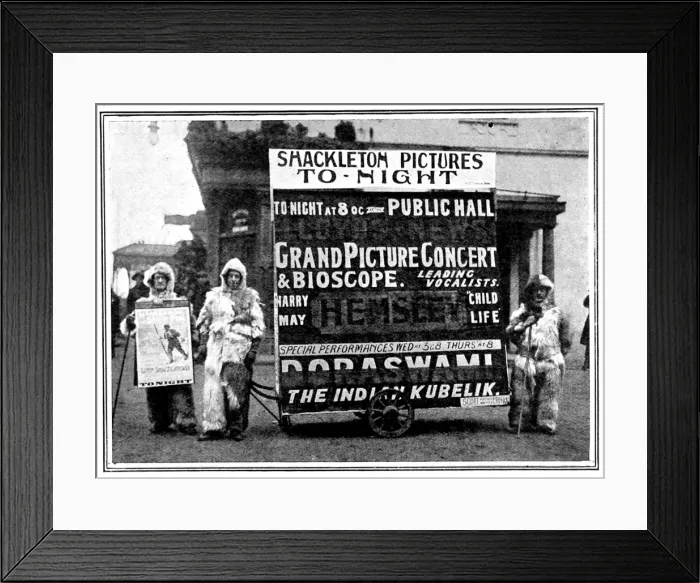 Framed Print : Polar Sandwich-men advertising a screening of Shackleton Pol Framed Print : Polar Sandwich-men advertising a screening of Shackleton Pol