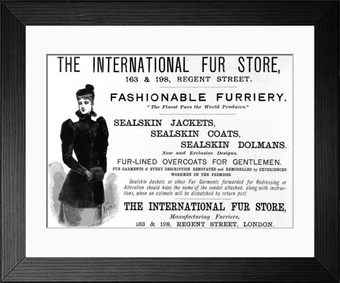 Framed Print : Fur store. Advertisement for the International Fur Store of Regent Street from 1892 Framed Print : Fur store. Advertisement for the International Fur Store of Regent Street from 1892