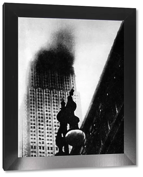 The Empire State Building, New York, on Fire, 1945