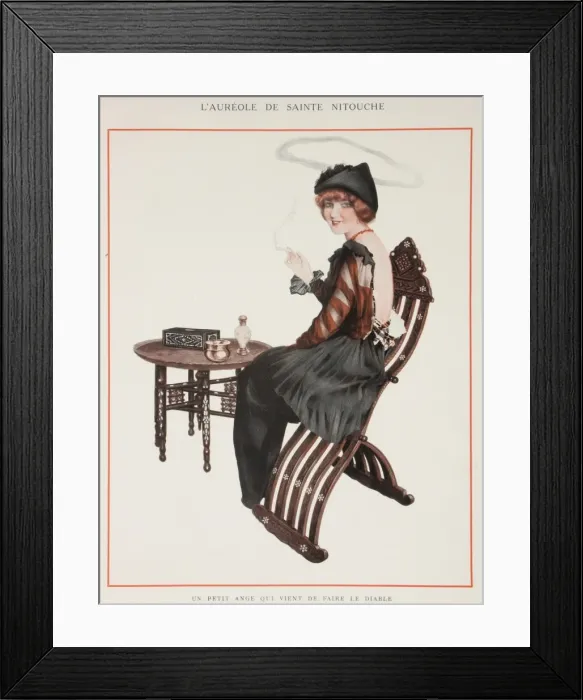 Framed Print : L. A lady sitting on an Oriental looking chair enjoying a cigarette whose Framed Print : L. A lady sitting on an Oriental looking chair enjoying a cigarette whose