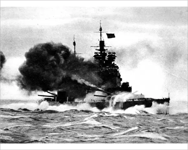 HMS Duke of York firing a broadside; Second World War