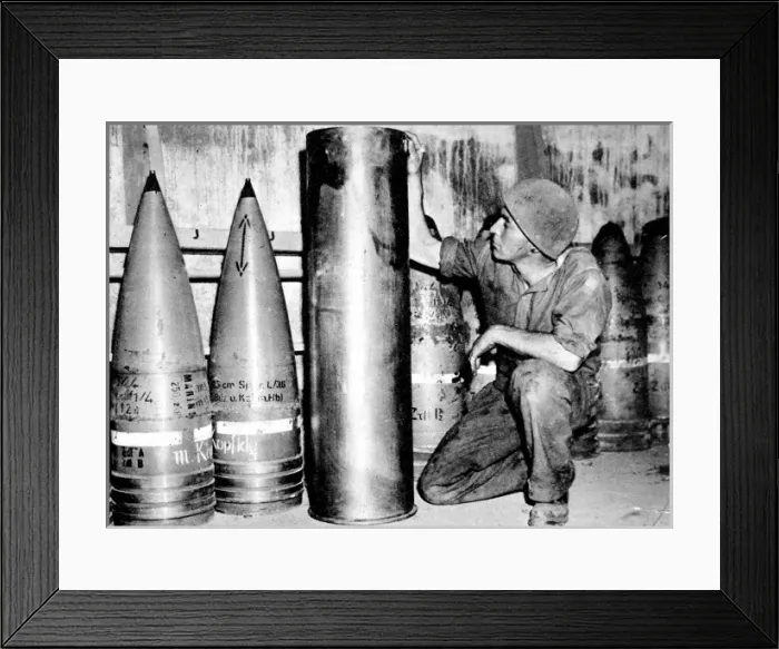 Framed Print : Canadian Gunner with German Munitions, France; Second World Framed Print : Canadian Gunner with German Munitions, France; Second World