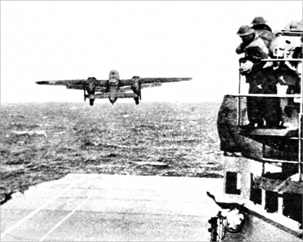 B-25 Mitchell Bomber taking off from Hornet; Second World