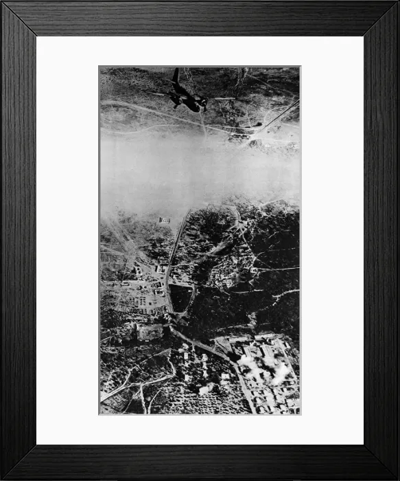 Framed Print : SaF bomber attacking German barracks in North Africa; Secon Framed Print : SaF bomber attacking German barracks in North Africa; Secon