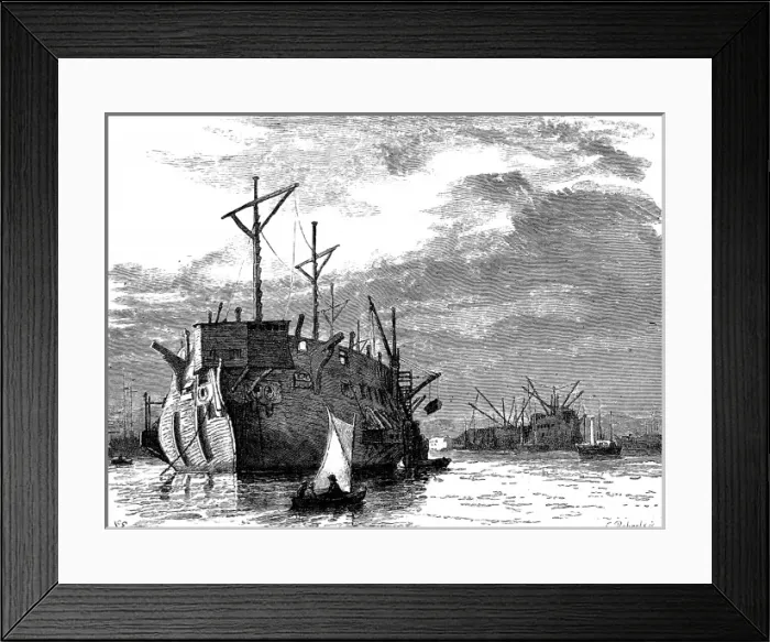 Framed Print : Sailing Dinghy and some Hulks, Britain, c. 1877 Framed Print : Sailing Dinghy and some Hulks, Britain, c. 1877