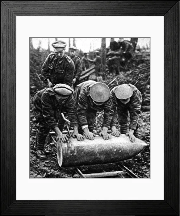 Framed Print : British Artillerymen with a large shell; First World War, 19 Framed Print : British Artillerymen with a large shell; First World War, 19