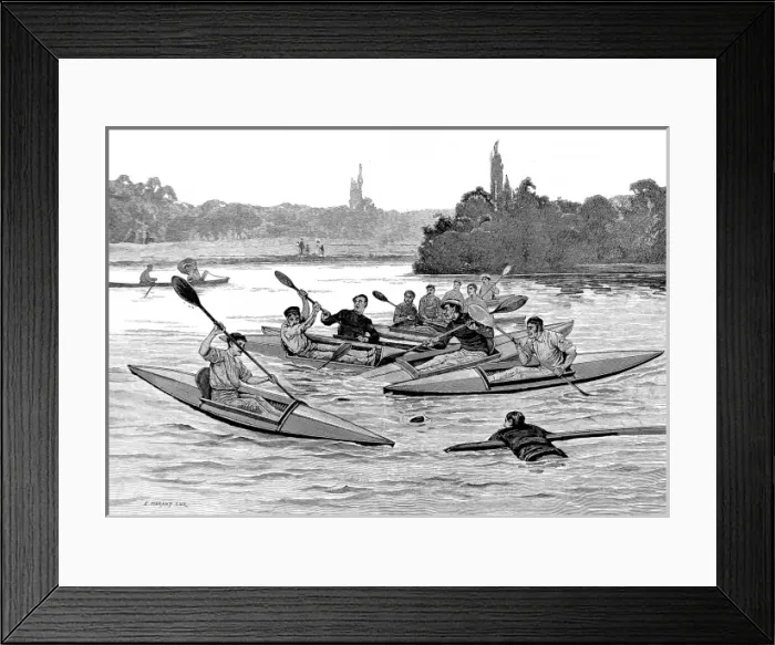 Framed Print : Water Polo in Kayaks, London, 1883 Framed Print : Water Polo in Kayaks, London, 1883