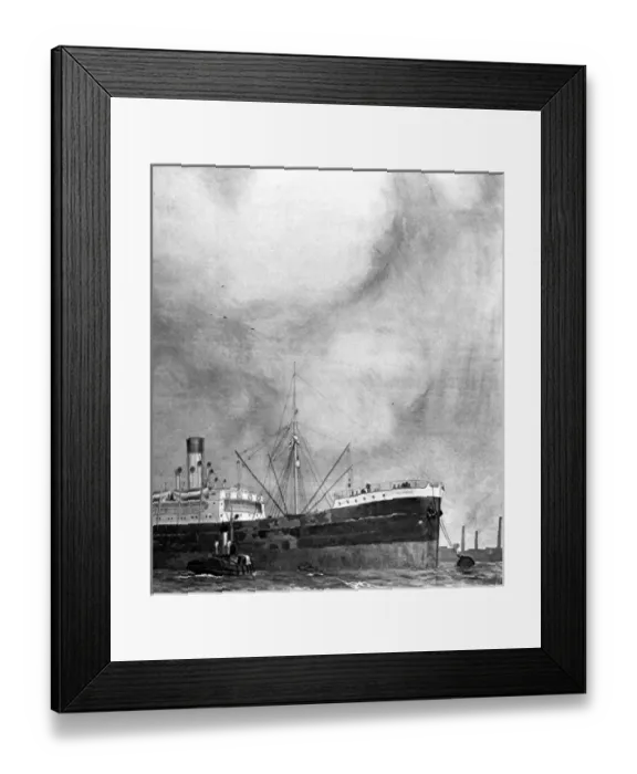 Framed Print : Hoisting a new boiler into a Cargo Liner, 1916 Framed Print : Hoisting a new boiler into a Cargo Liner, 1916