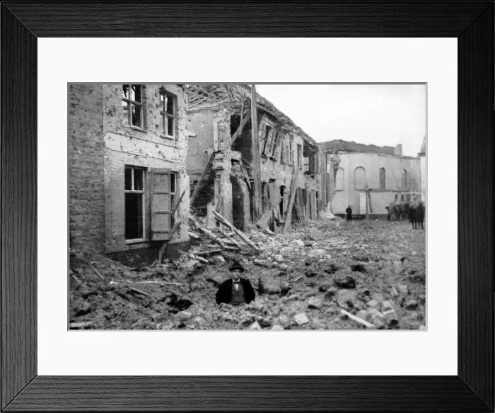 Framed Print : A waist deep shell hole in a Belgian Street: In a war wrecke Framed Print : A waist deep shell hole in a Belgian Street: In a war wrecke