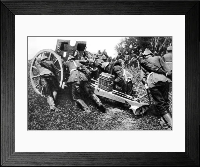 Framed Print : On the Belgian Frontier: German field guns being run forward to open fire Framed Print : On the Belgian Frontier: German field guns being run forward to open fire