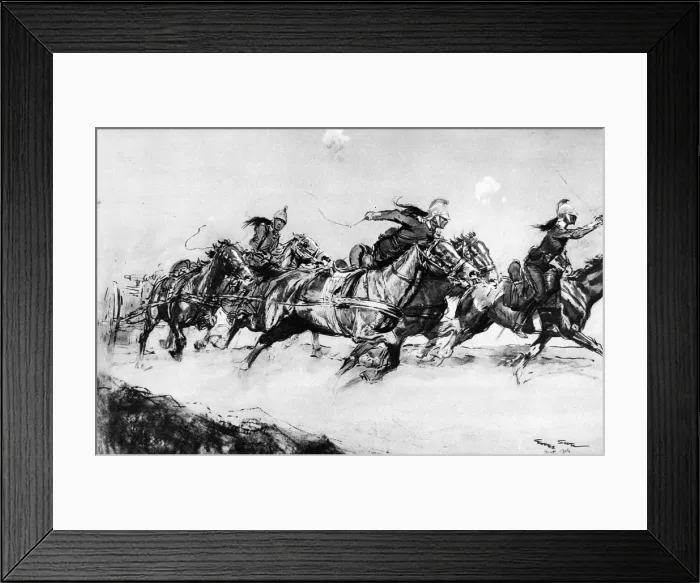 Framed Print : Galloping a machine gun into action: A French Dragoon Mitrailleuse section dashing forward under fire Framed Print : Galloping a machine gun into action: A French Dragoon Mitrailleuse section dashing forward under fire