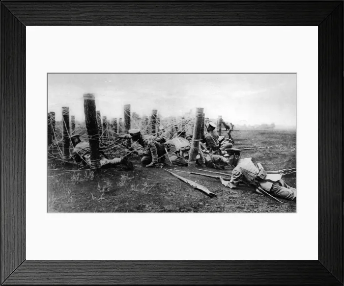 Framed Print : Japanese Infantry negotiating a wire entanglement Framed Print : Japanese Infantry negotiating a wire entanglement