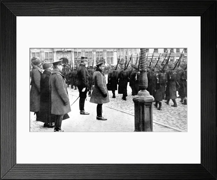 Framed Print : King George V at the front with King Albert, reviewing Belgian troops Framed Print : King George V at the front with King Albert, reviewing Belgian troops