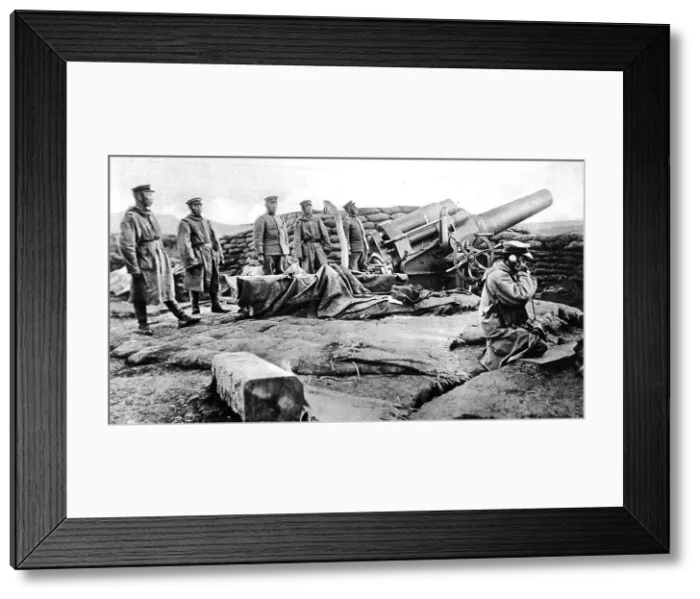 Framed Print : In the batteries against Tsing-Tau: A Japanese siege-gun getting the order by telephone to open fire Framed Print : In the batteries against Tsing-Tau: A Japanese siege-gun getting the order by telephone to open fire