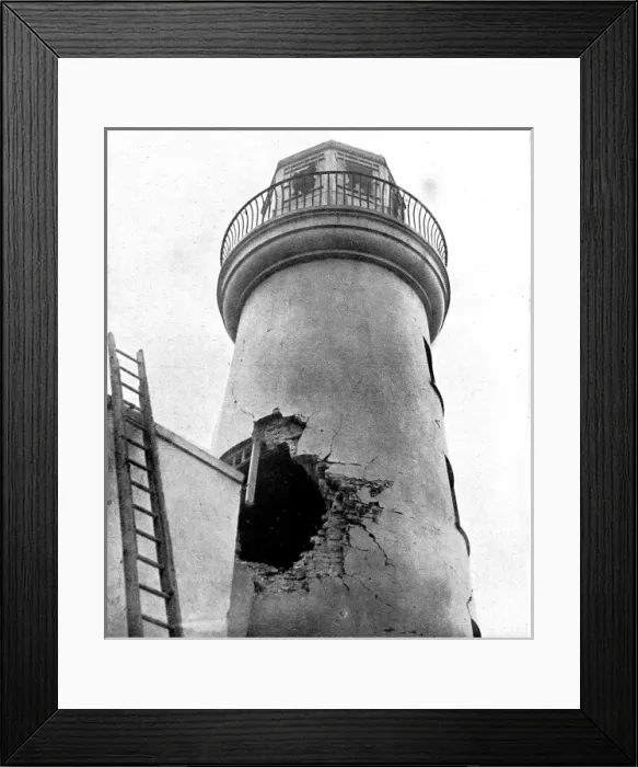 Framed Print : Caused by a single German shell: Damage done to Scarborough Lighthouse Framed Print : Caused by a single German shell: Damage done to Scarborough Lighthouse