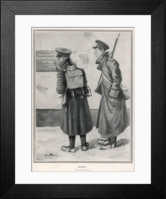 Framed Print : BILLETED. Two soldiers are aghast to discover they have been billeted at Framed Print : BILLETED. Two soldiers are aghast to discover they have been billeted at
