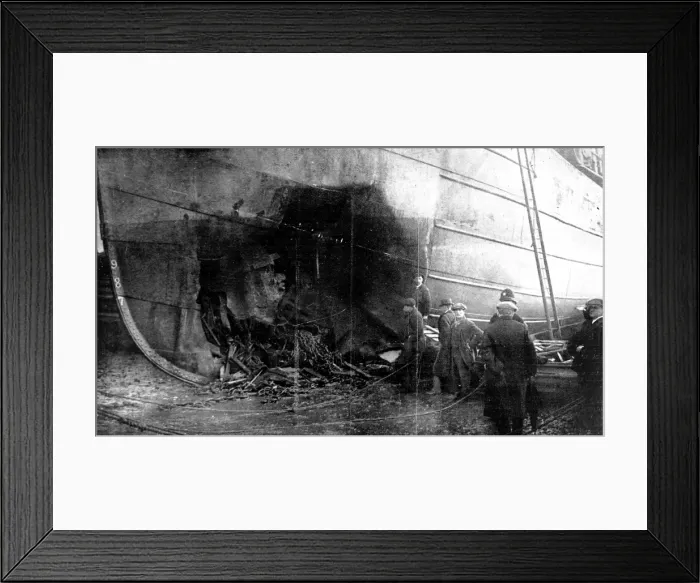 Framed Print : A steamer holed by a German mine Framed Print : A steamer holed by a German mine