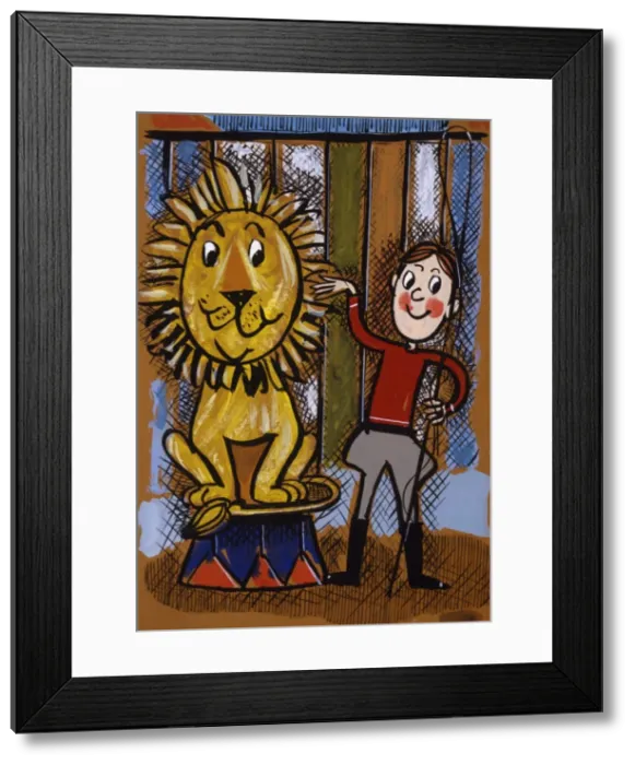 Framed Print : Young boy lion tamer & lion Framed Print : Young boy lion tamer & lion