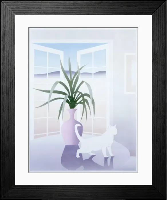 Framed Print : White cat on a table by an open window Framed Print : White cat on a table by an open window