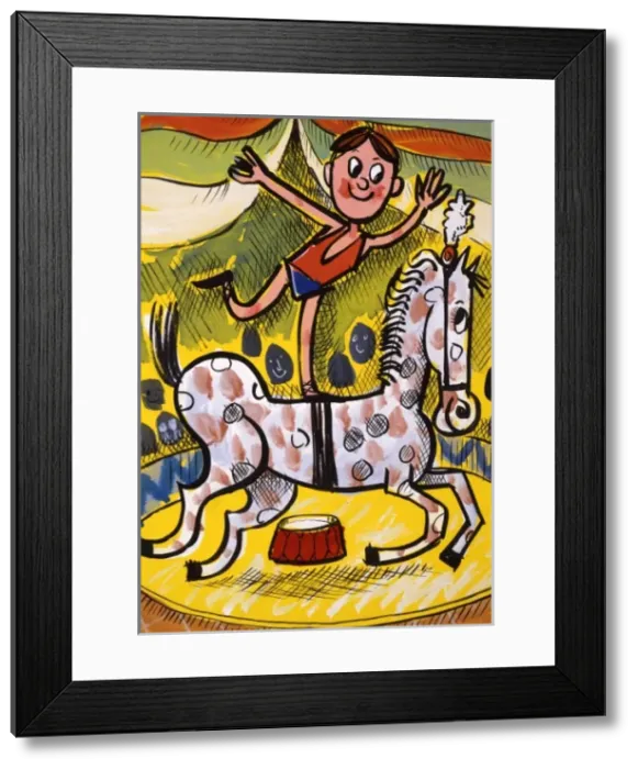 Framed Print : A boy balances on a Circus horse Framed Print : A boy balances on a Circus horse