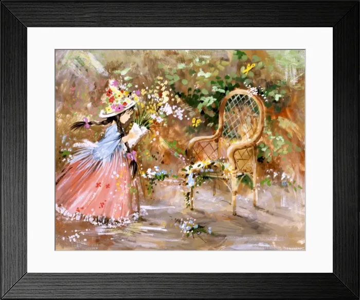 Framed Print : Dreamlike painting of a flowergirl and whicker chair Framed Print : Dreamlike painting of a flowergirl and whicker chair