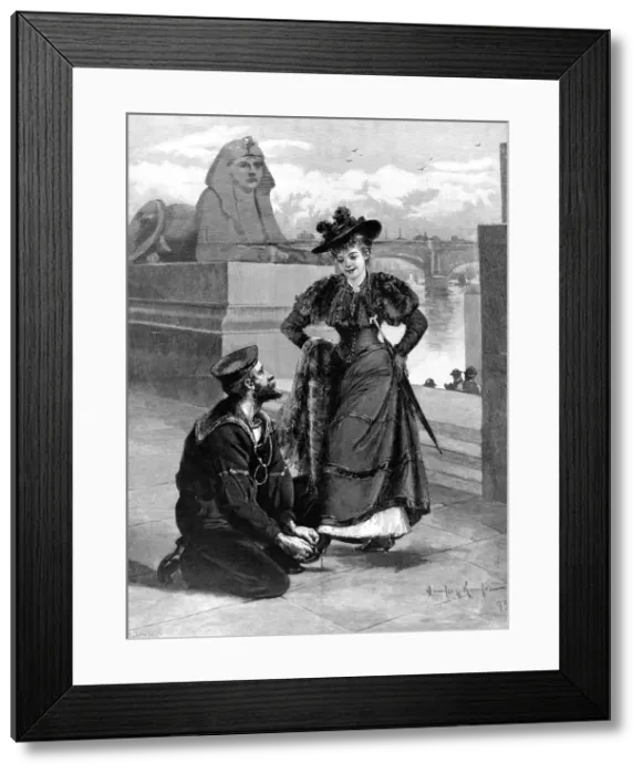 Framed Print : Sailor tying a ladies shoe, Thames Embankment, 1893 Framed Print : Sailor tying a ladies shoe, Thames Embankment, 1893