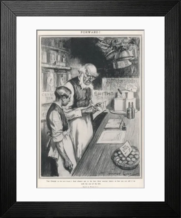 Framed Print : Forward. A grocer advises the new hand to add the date to the bill in these Framed Print : Forward. A grocer advises the new hand to add the date to the bill in these