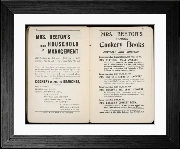 Framed Print : Adverts for Mrs Beetons Book of Household Management