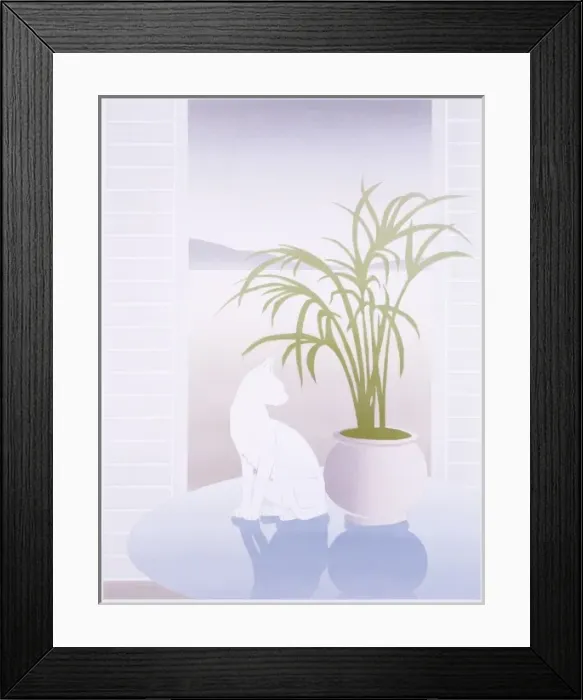 Framed Print : A white cat on a reflective table Framed Print : A white cat on a reflective table