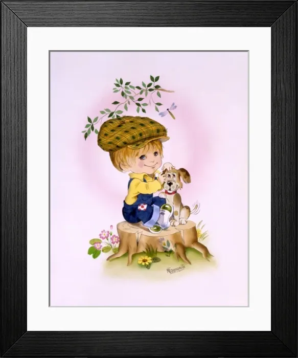 Framed Print : Cartoon illustration - boy and pet dog Framed Print : Cartoon illustration - boy and pet dog
