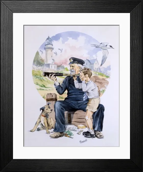 Framed Print : Old Salt shows a young lad his telescope Framed Print : Old Salt shows a young lad his telescope
