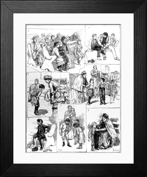 Framed Print : Distribution of boots and clothing to poor children Framed Print : Distribution of boots and clothing to poor children